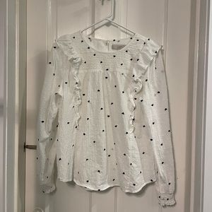 LOFT White Ruffle Top with Black Hearts